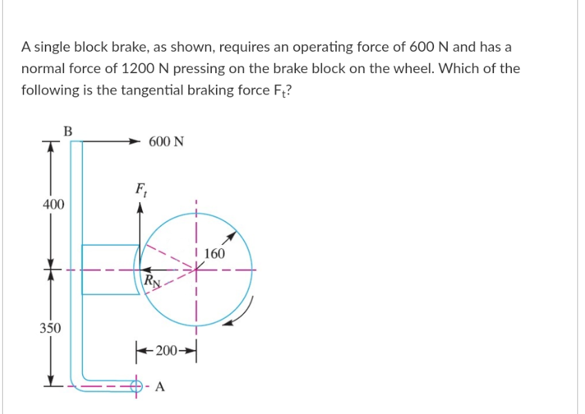 A single block brake, as shown, requires an operating force of 600 N and has a
normal force of 1200 N pressing on the brake block on the wheel. Which of the
following is the tangential braking force F+?
B
600 N
400
350
F₁
RN
200-
A
I 160