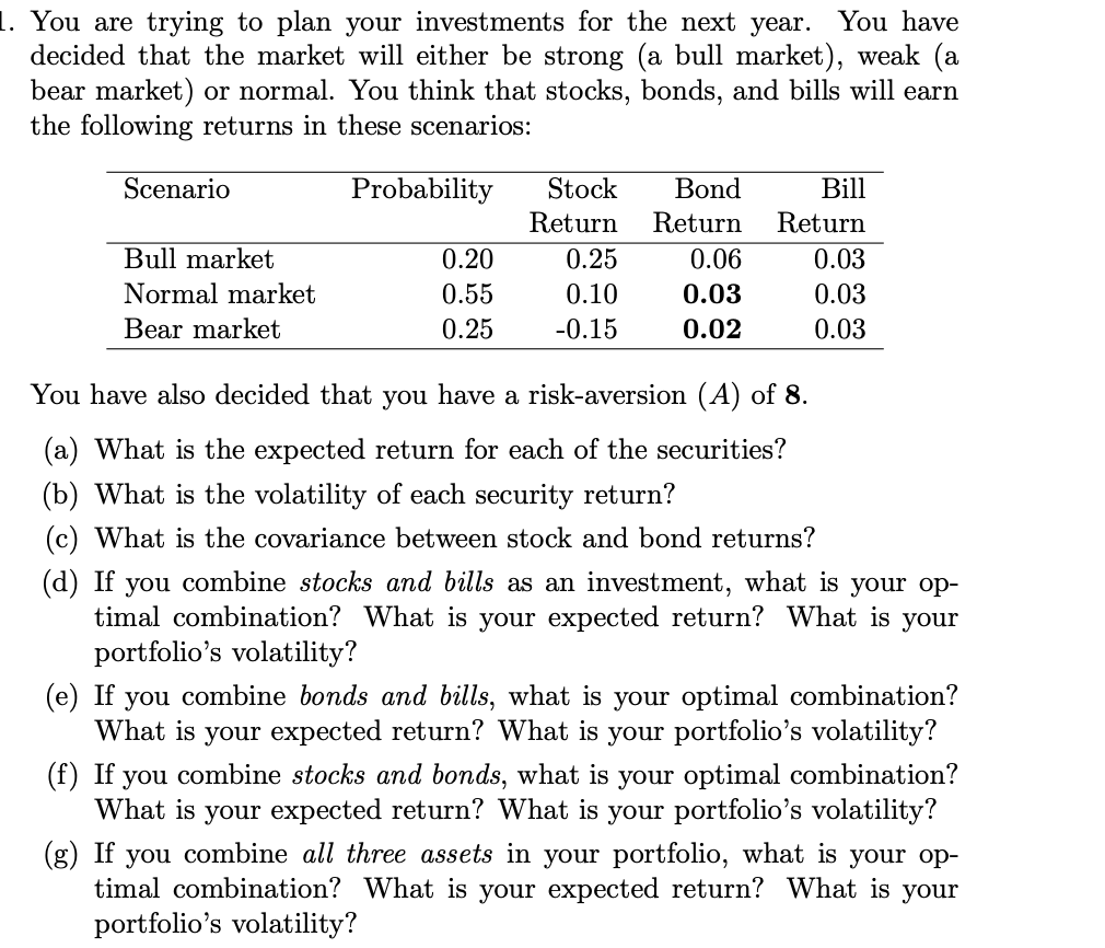 1. You are trying to plan your investments for the next year. You have
decided that the market will either be strong (a bull market), weak (a
bear market) or normal. You think that stocks, bonds, and bills will earn
the following returns in these scenarios:
Scenario
Bull market
Normal market
Bear market
Probability
0.20
0.55
0.25
Stock
Return
0.25
0.10
-0.15
Bond
Return
0.06
0.03
0.02
Bill
Return
0.03
0.03
0.03
You have also decided that you have a risk-aversion (A) of 8.
(a) What is the expected return for each of the securities?
(b) What is the volatility of each security return?
What is the covariance between stock and bond returns?
(d) If you combine stocks and bills as an investment, what is your op-
timal combination? What is your expected return? What is your
portfolio's volatility?
(e) If
you combine bonds and bills, what is your optimal combination?
What is your expected return? What is your portfolio's volatility?
(f) If you combine stocks and bonds, what is your optimal combination?
What is your expected return? What is your portfolio's volatility?
(g) If you combine all three assets in your portfolio, what is your op-
timal combination? What is your expected return? What is your
portfolio's volatility?