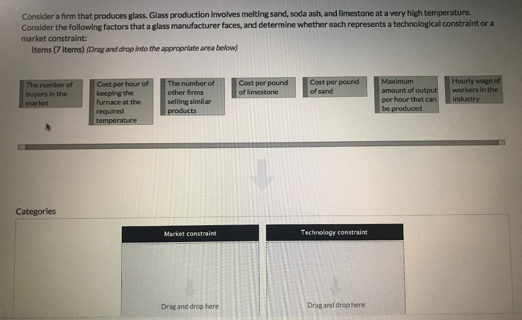 Consider a firm that produces glass. Glass production involves melting sand, soda ash, and limestone at a very high temperature.
Consider the following factors that a glass manufacturer faces, and determine whether each represents a technological constraint or a
market constraint:
Items (7 items) (Drag and drop into the appropriate area below)
The number of
buyers in the
market
Categories
Cost per hour of
keeping the
furnace at the
required
temperature
The number of
other firms
selling similar
products
Market constraint
Drag and drop here
Cost per pound
of limestone
Cost per pound
of sand
Technology constraint
Drag and drop here
Maximum
amount of output
per hour that can
be produced
Hourly wage of
workers in the
industry