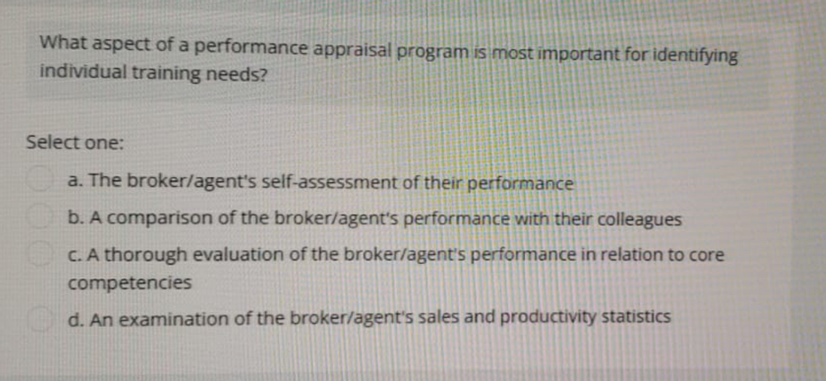 What aspect of a performance appraisal program is most important for identifying
individual training needs?
Select one:
a. The broker/agent's self-assessment of their performance
b. A comparison of the broker/agent's performance with their colleagues
c. A thorough evaluation of the broker/agent's performance in relation to core
competencies
d. An examination of the broker/agent's sales and productivity statistics