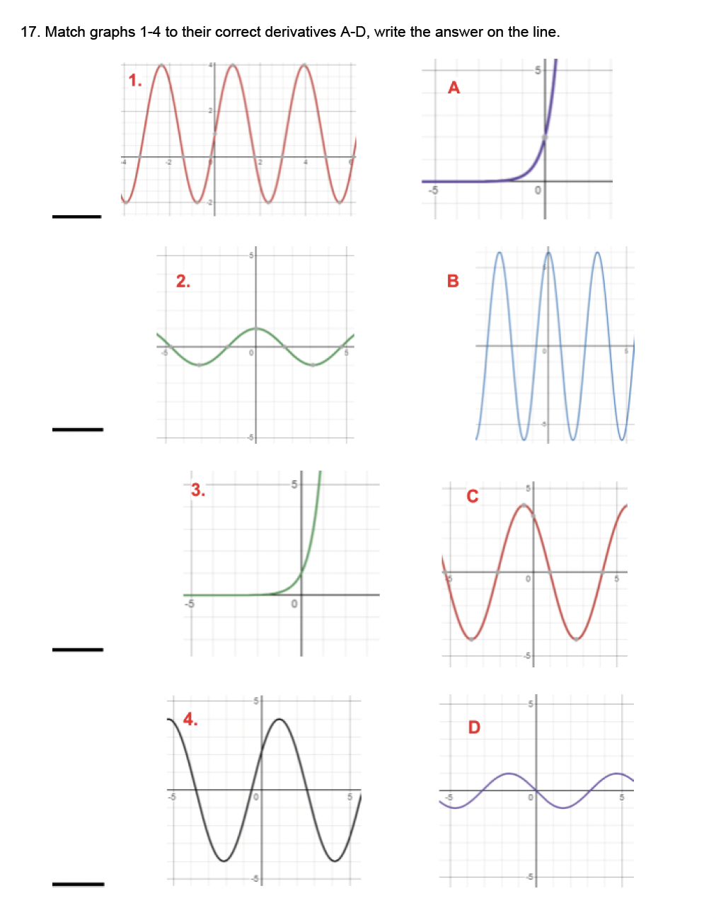 17. Match graphs 1-4 to their correct derivatives A-D, write the answer on the line.
1.
AM
A
|
2.
B
3.
4.
I W
W
D