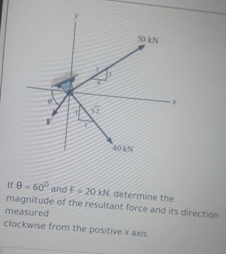 50 kN
40 kN
If e = 60° and F = 20 kN, determine the
magnitude of the resultant force and its direction
%3D
measured
clockwise from the positive x axis.
