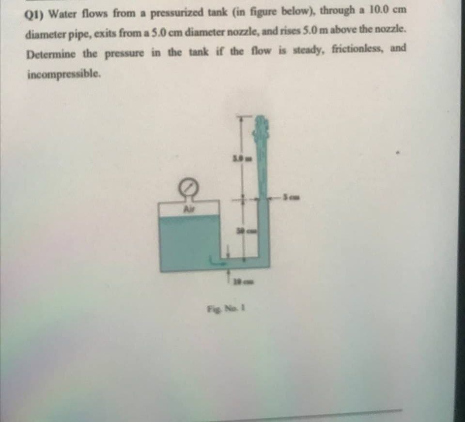 QI) Water flows from a pressurized tank (in figure below), through a 10.0 cm
diameter pipe, exits from a 5.0 cm diameter nozzle, and rises 5.0 m above the nozzle.
Determine the pressure in the tank if the flow is steady, frictionless, and
incompressible.
5.0m
Air
18m
Fig No. I
