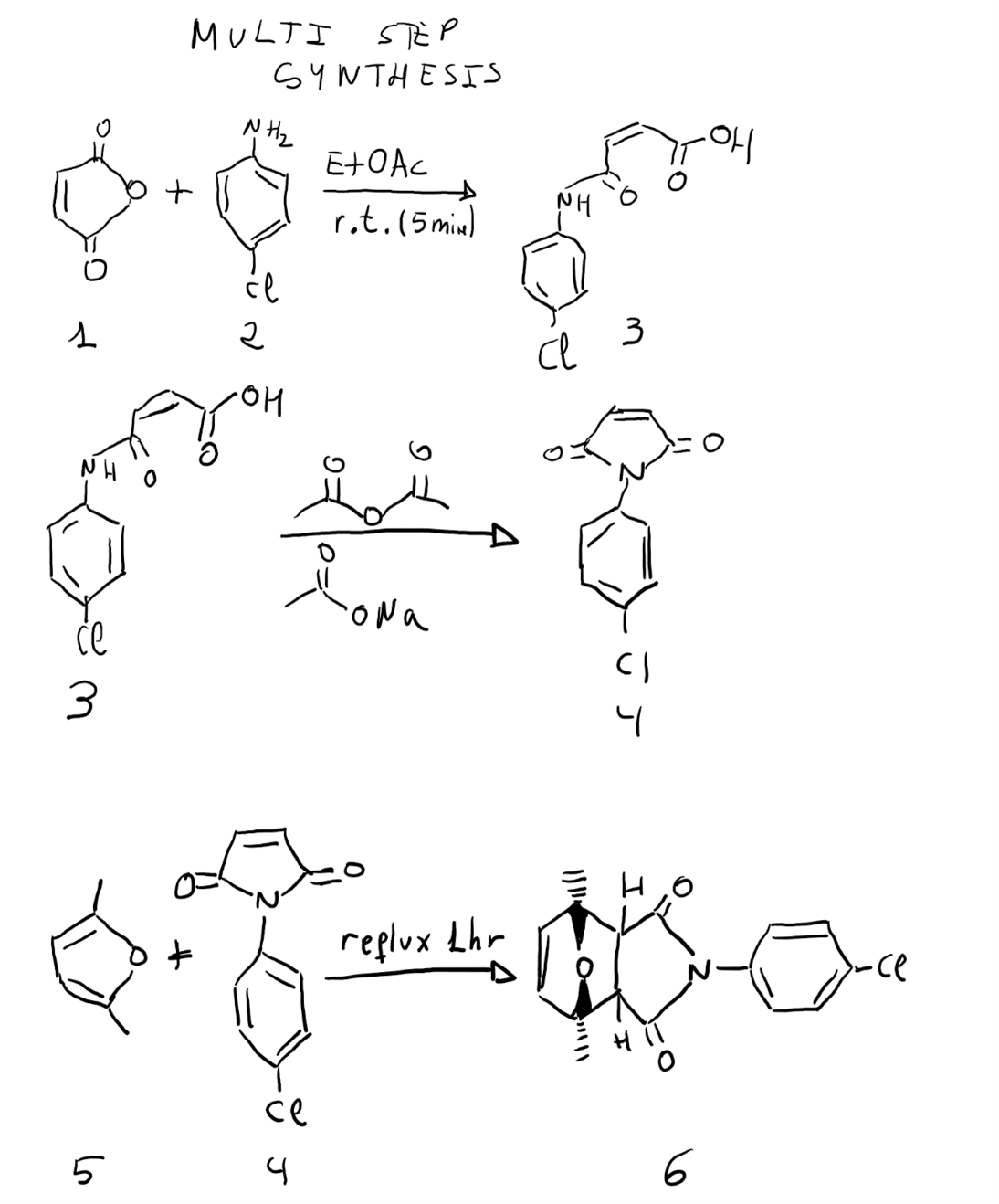 1
ce
3
5
MULTI
+
STEP
SYNTHESIS
NH₂
će
2
он
ce
4
Eto Ac
r.t. (5 min)
ona
reflux Lhr
NH
се
3
CI
4
H
6
-ce