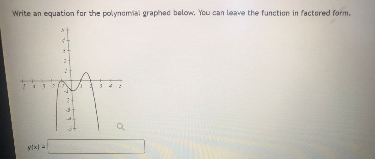 Write an equation for the polynomial graphed below. You can leave the function in factored form.
5
y(x) =
4
3+
-5 -4 -3 -2 -1
7
-3
-4
ú,
L
3 4
Q