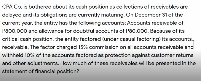 CPA Co. is bothered about its cash position as collections of receivables are
delayed and its obligations are currently maturing. On December 31 of the
current year, the entity has the following accounts: Accounts receivable of
P800,000 and allowance for doubtful accounts of P80,000. Because of its
critical cash position, the entity factored (under casual factoring) its accounts.,
receivable. The factor charged 15% commission on all accounts receivable and
withheld 10% of the accounts factored as protection against customer returns
and other adjustments. How much of these receivables will be presented in the
statement of financial position?
