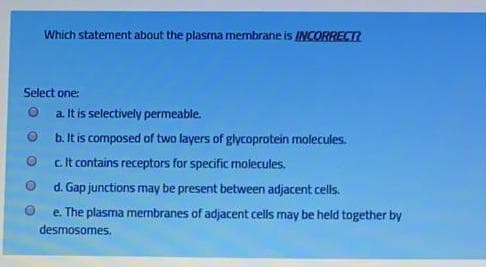 Which statement atbout the plasma membrane is INCORRECTN
Select one:
O a lt is selectively permeable.
b. It is composed of two layers of glycoprotein molecules.
c.It contains receptors for specific molecules.
d. Gap junctions may be present between adjacent cells.
e. The plasma mernbranes of adjacent cells may be held together by
desmosomes.
