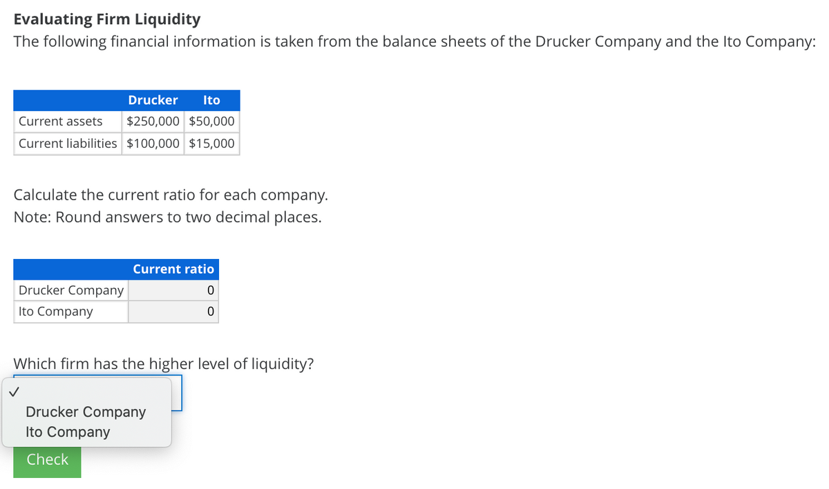 Evaluating Firm Liquidity
The following financial information is taken from the balance sheets of the Drucker Company and the Ito Company:
Drucker
Ito
Current assets
$250,000 $50,000
Current liabilities $100,000 $15,000
Calculate the current ratio for each company.
Note: Round answers to two decimal places.
Current ratio
Drucker Company
Ito Company
Which firm has the higher level of liquidity?
Drucker Company
Ito Company
Check
