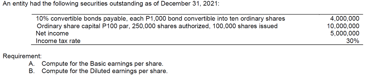 An entity had the following securities outstanding as of December 31, 2021:
10% convertible bonds payable, each P1,000 bond convertible into ten ordinary shares
Ordinary share capital P100 par, 250,000 shares authorized, 100,000 shares issued
Net income
4,000,000
10,000,000
5,000,000
Income tax rate
30%
Requirement:
A. Compute for the Basic earnings per share.
B. Compute for the Diluted earnings per share.
