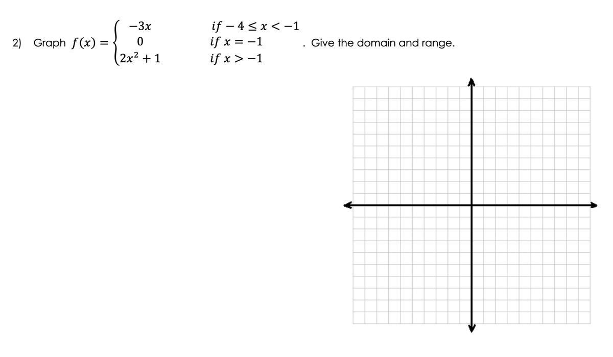 2) Graph f(x) =
-3x
0
2x² + 1
if -4≤ x < -1
if x = -1
if x>-1
Give the domain and range.