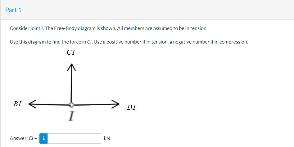 Part 1
Consider joint I. The Free-Body diagram is shown. All members are assumed to be in tension.
Use this diagram to find the force in CI. Use a positive number if in tension, a negative number if in compression.
CI
BI
Answer: CI = i
I
kN
DI