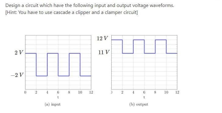 Design a circuit which have the following input and output voltage waveforms.
[Hint: You have to use cascade a clipper and a clamper circuit]
12 V
2 V
11 V
-2 V
4
6.
10
12
6
10
12
(a) input
(b) output
