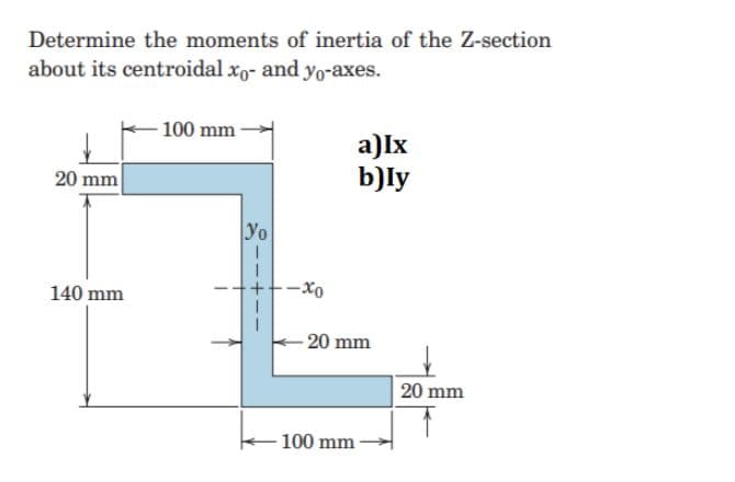 Determine the moments of inertia of the Z-section
about its centroidal xo- and yo-axes.
100 mm
a)Ix
b)ly
20 mm
Yo
140 mm
20 mm
20 mm
100 mm
