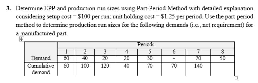 3. Determine EPP and production run sizes using Part-Period Method with detailed explanation
considering setup cost = $100 per run; unit holding cost = $1.25 per period. Use the part-period
method to determine production run sizes for the following demands (i.e., net requirement) for
a manufactured part.
1
2
60 40
100
Demand
Cumulative 60
demand
3
20
120
4
20
40
Periods
5
30
70
6
70
7
70
140
8
50