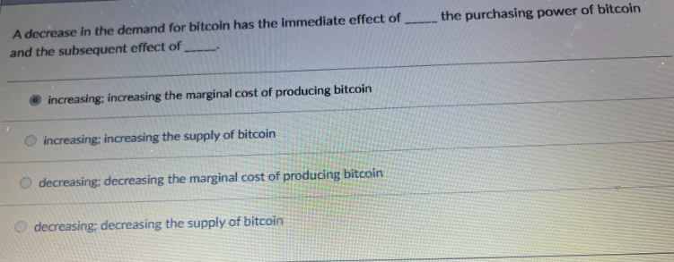A decrease in the demand for bitcoin has the immediate effect of
and the subsequent effect of
increasing; increasing the marginal cost of producing bitcoin
increasing: increasing the supply of bitcoin
decreasing; decreasing the marginal cost of producing bitcoin
decreasing; decreasing the supply of bitcoin
the purchasing power of bitcoin