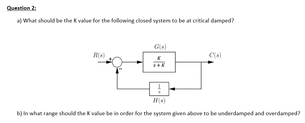 Question 2:
a) What should be the K value for the following closed system to be at critical damped?
G(s)
R(s)
K
s+K
H(s)
b) In what range should the K value be in order for the system given above to be underdamped and overdamped?
