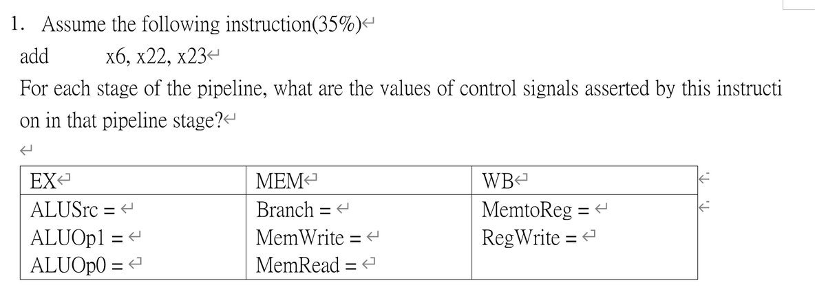 1. Assume the following instruction (35%)<
add
x6, x22, x23<
For each stage of the pipeline, what are the values of control signals asserted by this instructi
on in that pipeline stage?
EX
ALUSrc = <
ALUOp1 = <
ALUOp0 = <
MEM
Branch =
MemWrite = <
MemRead = <
WB
MemtoReg =
RegWrite =
↓