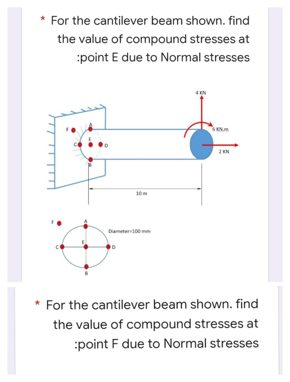 * For the cantilever beam shown. find
the value of compound stresses at
:point E due to Normal stresses
4 KN
6 KN.m
2 KN
10 m
Diameter=100 mm
D
* For the cantilever beam shown. find
the value of compound stresses at
:point F due to Normal stresses
