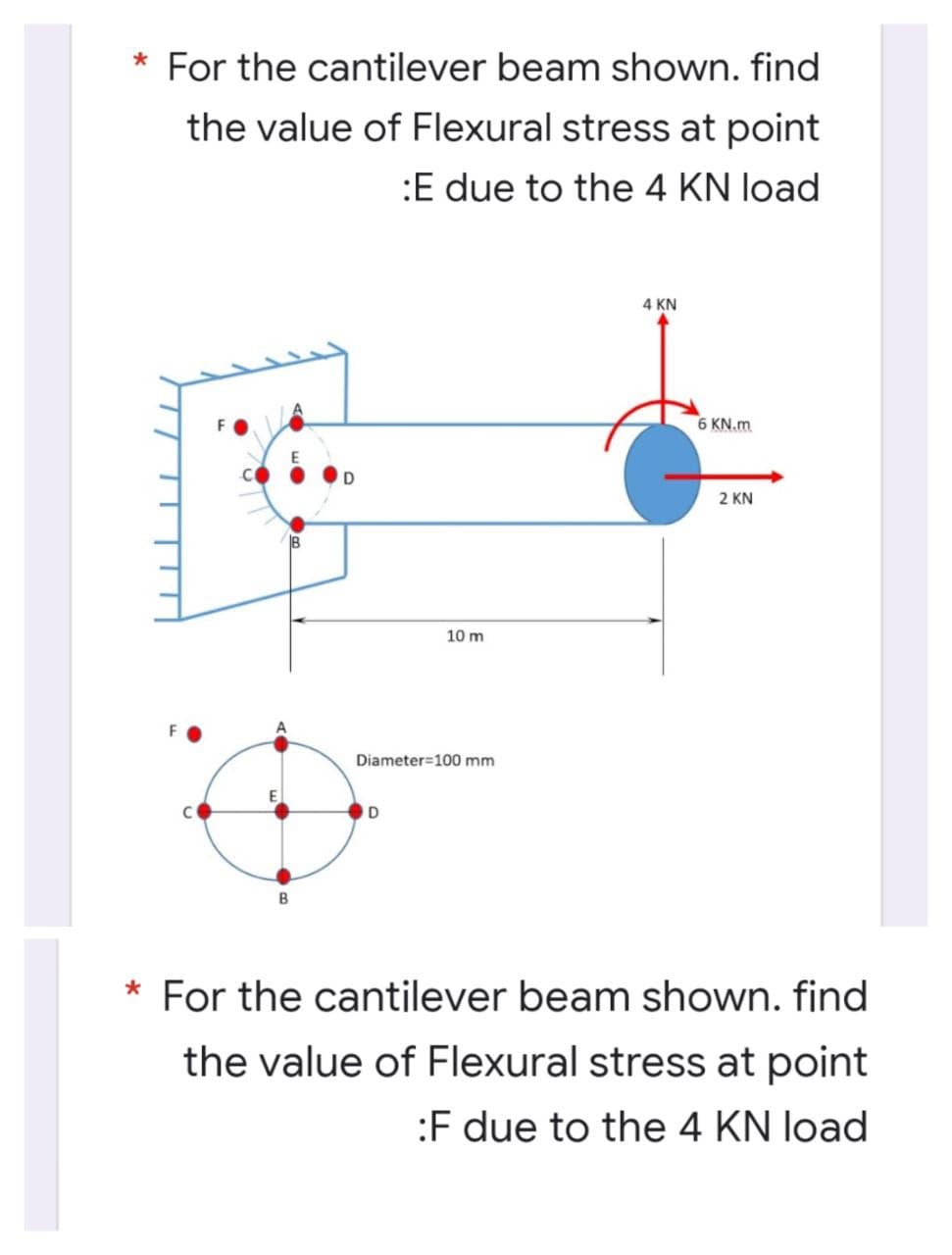 * For the cantilever beam shown. find
the value of Flexural stress at point
:E due to the 4 KN load
4 KN
6 KN.m
2 KN
B
10 m
Diameter=100 mm
D
* For the cantilever beam shown. find
the value of Flexural stress at point
:F due to the 4 KN load

