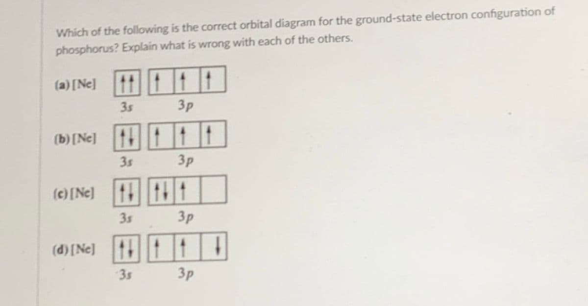 Which of the following is the correct orbital diagram for the ground-state electron configuration of
phosphorus? Explain what is wrong with each of the others.
(a) [Ne]
3s
3p
(b) [Ne]
3s
3p
(c) [Ne]
11 141
3s
(d) [Ne]
3s
3p
3p
If