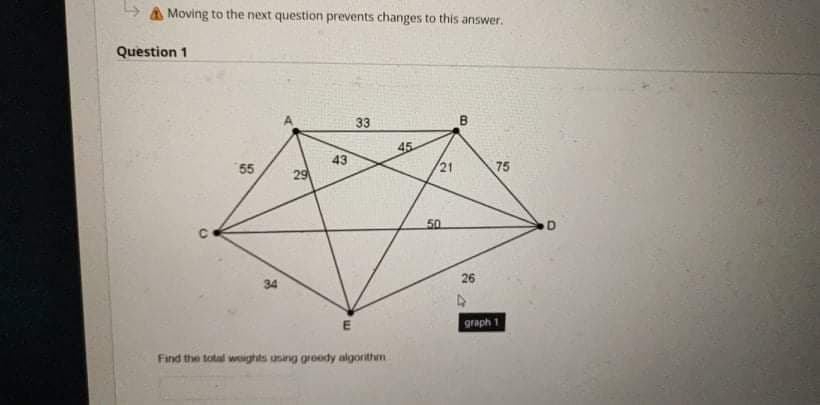 Moving to the next question prevents changes to this answer.
33
B
55
Question 1
29
43
34
E
Find the total weights using greedy algorithm
45
21
50
75
26
graph 1
D