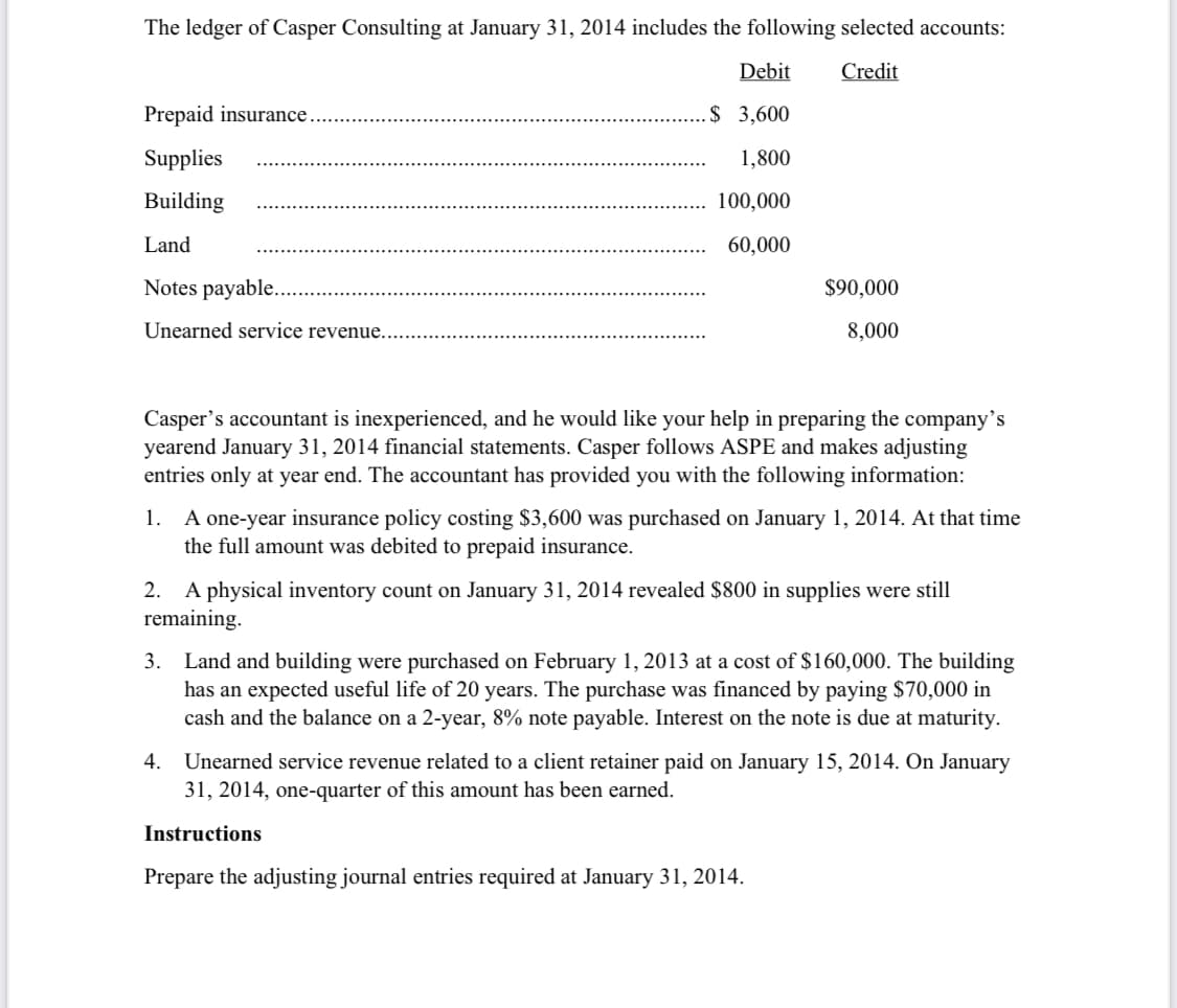 The ledger of Casper Consulting at January 31, 2014 includes the following selected accounts:
Debit
Credit
Prepaid insurance.
$ 3,600
Supplies
1,800
Building
100,000
Land
60,000
Notes payable..
$90,000
Unearned service revenue...
8,000
Casper's accountant is inexperienced, and he would like your help in preparing the company's
yearend January 31, 2014 financial statements. Casper follows ASPE and makes adjusting
entries only at year end. The accountant has provided you with the following information:
1. A one-year insurance policy costing $3,600 was purchased on January 1, 2014. At that time
the full amount was debited to prepaid insurance.
2. A physical inventory count on January 31, 2014 revealed $800 in supplies were still
remaining.
3. Land and building were purchased on February 1, 2013 at a cost of $160,000. The building
has an expected useful life of 20 years. The purchase was financed by paying $70,000 in
cash and the balance on a 2-year, 8% note payable. Interest on the note is due at maturity.
4. Unearned service revenue related to a client retainer paid on January 15, 2014. On January
31, 2014, one-quarter of this amount has been earned.
Instructions
Prepare the adjusting journal entries required at January 31, 2014.