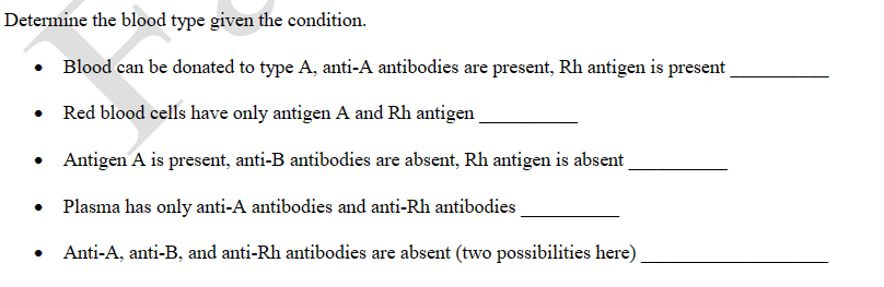 Determine the blood type given the condition.
Blood can be donated to type A, anti-A antibodies are present, Rh antigen is present
• Red blood cells have only antigen A and Rh antigen
Antigen A is present, anti-B antibodies are absent, Rh antigen is absent
Plasma has only anti-A antibodies and anti-Rh antibodies
Anti-A, anti-B, and anti-Rh antibodies are absent (two possibilities here)