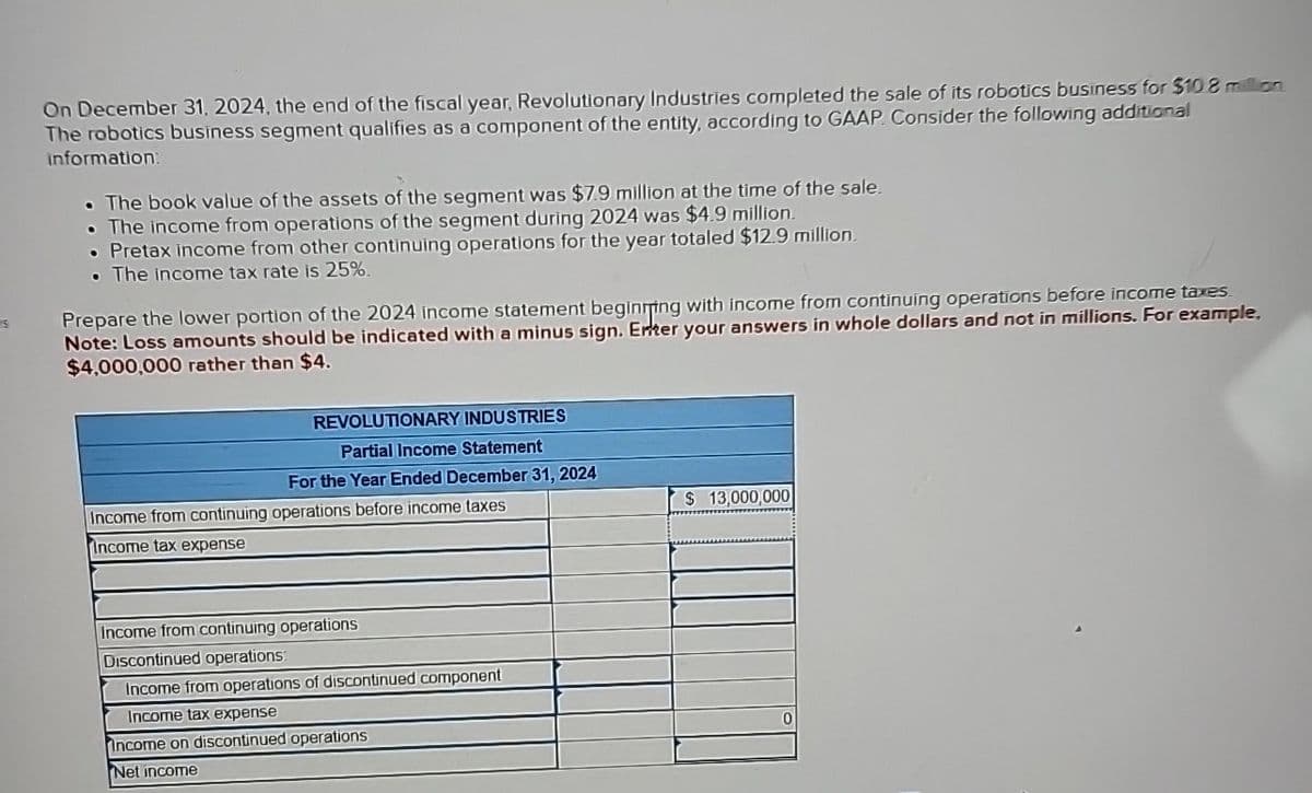 S
On December 31, 2024, the end of the fiscal year, Revolutionary Industries completed the sale of its robotics business for $10.8 million
The robotics business segment qualifies as a component of the entity, according to GAAP. Consider the following additional
information:
• The book value of the assets of the segment was $7.9 million at the time of the sale.
• The income from operations of the segment during 2024 was $4.9 million.
• Pretax income from other continuing operations for the year totaled $12.9 million.
. The income tax rate is 25%.
Prepare the lower portion of the 2024 income statement beginning with income from continuing operations before income taxes.
Note: Loss amounts should be indicated with a minus sign. Enter your answers in whole dollars and not in millions. For example,
$4,000,000 rather than $4.
REVOLUTIONARY INDUSTRIES
Partial Income Statement
For the Year Ended December 31, 2024
Income from continuing operations before income taxes
Income tax expense
Income from continuing operations
Discontinued operations:
Income from operations of discontinued component
Income tax expense
Income on discontinued operations
Net income
$ 13,000,000
0