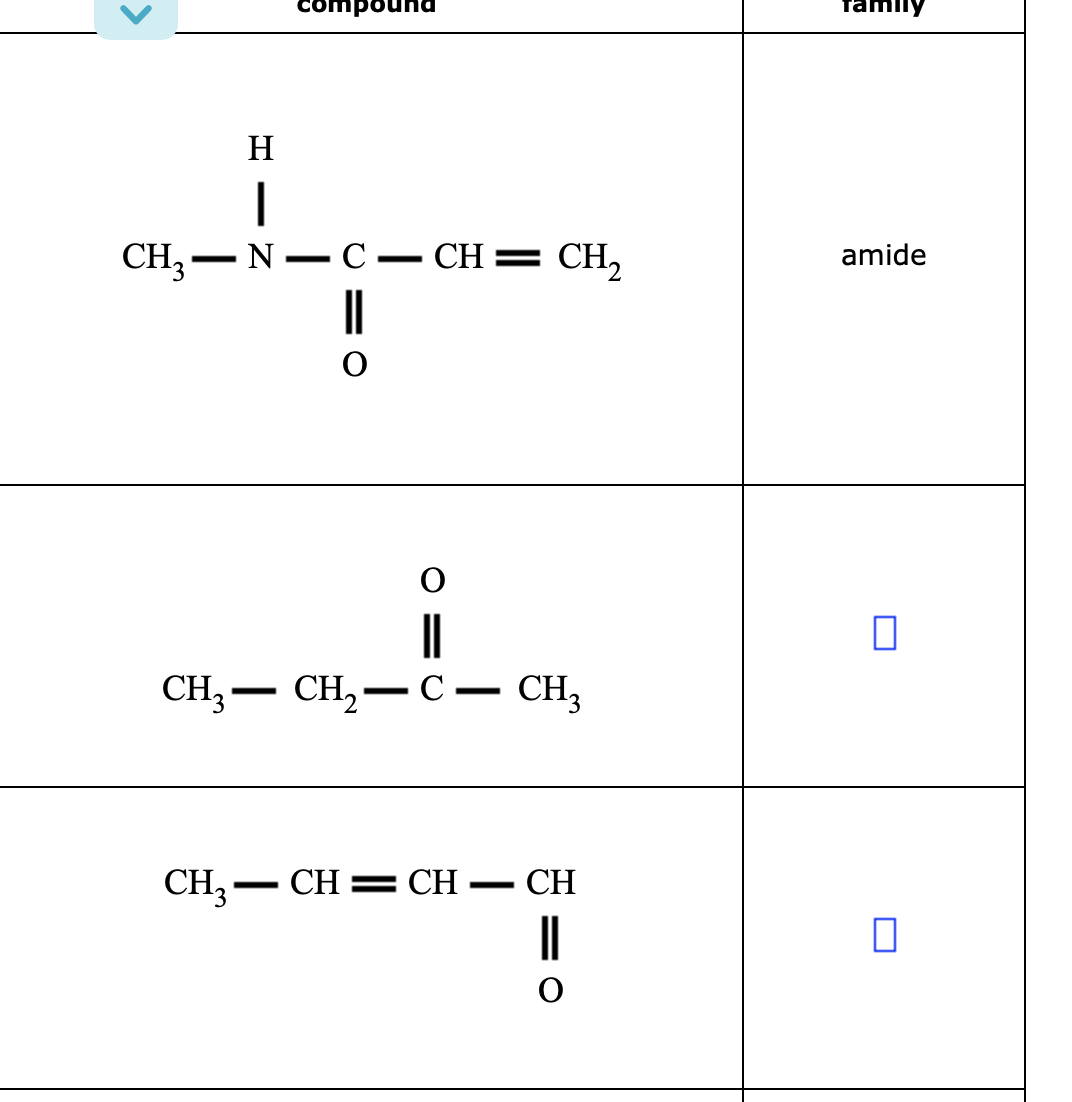 compound
H
CH, — N — С — СН — СН,
||
amide
-
CH, — CH, — с — СH,
-
-
CH3 – CH = CH -
CH
