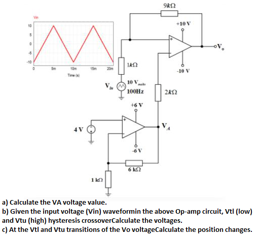9kN
+10 V
10
10
15n
20m
-10 V
Time
10 V
mak
100HZ
2k2
+6 V
4 V
6 k2
1 kO
a) Calculate the VA voltage value.
b) Given the input voltage (Vin) waveformin the above Op-amp circuit, Vtl (low)
and Vtu (high) hysteresis crossoverCalculate the voltages.
c) At the Vtl and Vtu transitions of the Vo voltageCalculate the position changes.
