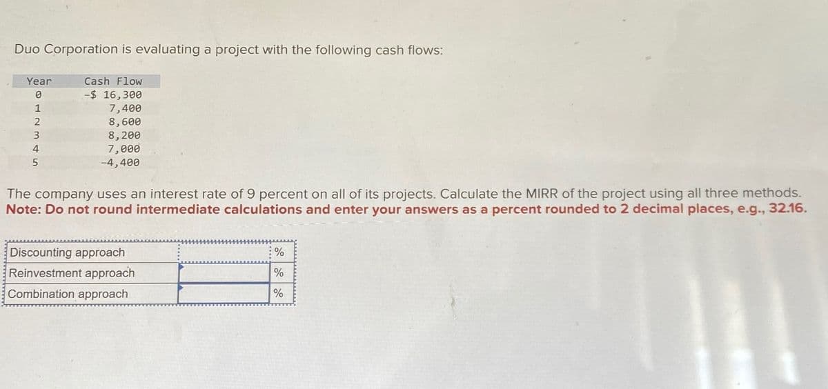 Duo Corporation is evaluating a project with the following cash flows:
Year
Cash Flow
0
-$ 16,300
1
7,400
2
8,600
3
8,200
7,000
-4,400
4
5
The company uses an interest rate of 9 percent on all of its projects. Calculate the MIRR of the project using all three methods.
Note: Do not round intermediate calculations and enter your answers as a percent rounded to 2 decimal places, e.g., 32.16.
Discounting approach
Reinvestment approach
%
%
Combination approach
%