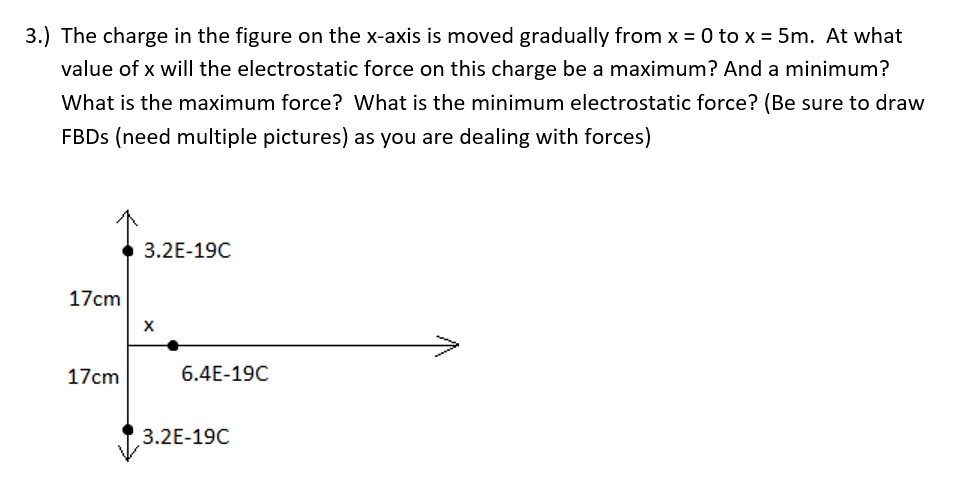 3.) The charge in the figure on the x-axis is moved gradually from x = 0 to x = 5m. At what
value of x will the electrostatic force on this charge be a maximum? And a minimum?
What is the maximum force? What is the minimum electrostatic force? (Be sure to draw
FBDs (need multiple pictures) as you are dealing with forces)
17cm
17cm
3.2E-19C
X
6.4E-19C
3.2E-19C