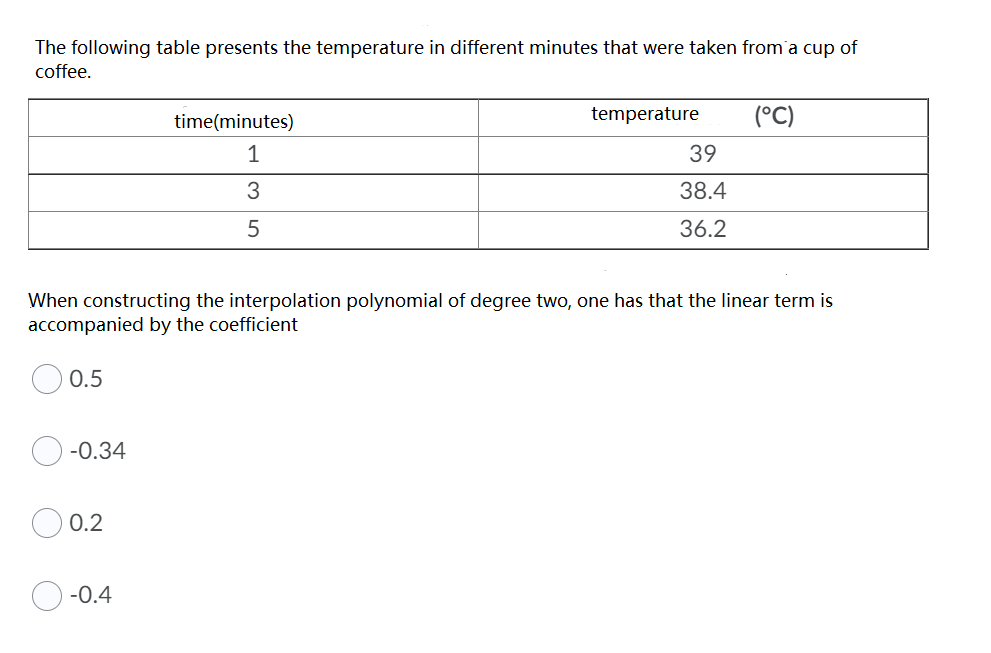 The following table presents the temperature in different minutes that were taken from'a cup of
coffee.
time(minutes)
temperature
(°C)
1
39
38.4
36.2
When constructing the interpolation polynomial of degree two, one has that the linear term is
accompanied by the coefficient
0.5
-0.34
0.2
-0.4
