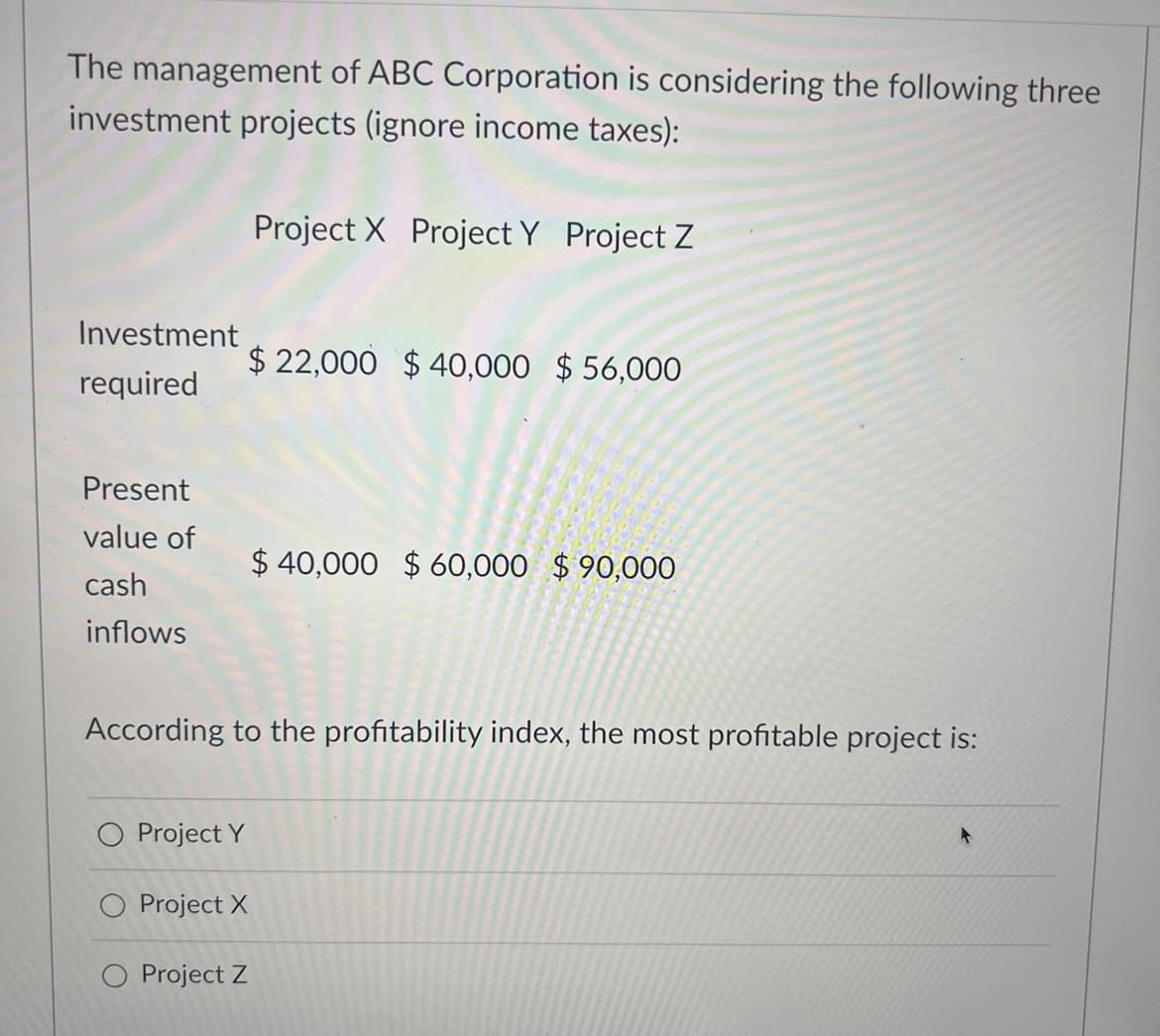 The management of ABC Corporation is considering the following three
investment projects (ignore income taxes):
Investment
required
Present
value of
cash
inflows
O Project Y
Project X Project Y Project Z
Project X
Project Z
$ 22,000 $40,000 $56,000
According to the profitability index, the most profitable project is:
$40,000 $60,000 $90,000