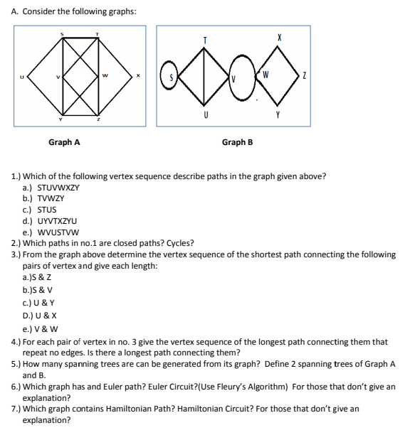 A. Consider the following graphs:
U
Graph A
Graph B
1.) Which of the following vertex sequence describe paths in the graph given above?
a.) STUVWXZY
b.) TVWZY
c.) STUS
d.) UYVTXZYU
e.) WVUSTVW
2.) Which paths in no.1 are closed paths? Cycles?
3.) From the graph above determine the vertex sequence of the shortest path connecting the following
pairs of vertex and give each length:
a.)S & z
b.)S & V
c.) U & Y
D.) U & X
e.) V & W
4.) For each pair of vertex in no. 3 give the vertex sequence of the longest path connecting them that
repeat no edges. Is there a longest path connecting them?
5.) How many spanning trees are can be generated from its graph? Define 2 spanning trees of Graph A
and B.
6.) Which graph has and Euler path? Euler Circuit?(Use Fleury's Algorithm) For those that don't give an
explanation?
7.) Which graph contains Hamiltonian Path? Hamiltonian Circuit? For those that don't give an
explanation?
