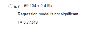 O e.y = 69.104 + 0.419x
Regression model is not significant
r = 0.77349