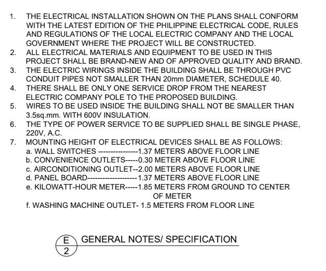 1. THE ELECTRICAL INSTALLATION SHOWN ON THE PLANS SHALL CONFORM
WITH THE LATEST EDITION OF THE PHILIPPINE ELECTRICAL CODE, RULES
AND REGULATIONS OF THE LOCAL ELECTRIC COMPANY AND THE LOCAL
GOVERNMENT WHERE THE PROJECT WILL BE CONSTRUCTED.
2. ALL ELECTRICAL MATERIALS AND EQUIPMENT TO BE USED IN THIS
PROJECT SHALL BE BRAND-NEW AND OF APPROVED QUALITY AND BRAND.
3. THE ELECTRIC WIRINGS INSIDE THE BUILDING SHALL BE THROUGH PVC
CONDUIT PIPES NOT SMALLER THAN 20mm DIAMETER, SCHEDULE 40.
4. THERE SHALL BE ONLY ONE SERVICE DROP FROM THE NEAREST
ELECTRIC COMPANY POLE TO THE PROPOSED BUILDING.
5. WIRES TO BE USED INSIDE THE BUILDING SHALL NOT BE SMALLER THAN
3.5sq.mm. WITH 600V INSULATION.
6. THE TYPE OF POWER SERVICE TO BE SUPPLIED SHALL BE SINGLE PHASE,
220V, A.C.
7. MOUNTING HEIGHT OF ELECTRICAL DEVICES SHALL BE AS FOLLOWS:
a. WALL SWITCHES ----
b. CONVENIENCE OUTLETS-----.30 METER ABOVE FLOOR LINE
--1.37 METERS ABOVE FLOOR LINE
c. AIRCONDITIONING OUTLET--2.00 METERS ABOVE FLOOR LINE
d. PANEL BOARD---
e. KILOWATT-HOUR METER---1.85 METERS FROM GROUND TO CENTER
--1.37 METERS ABOVE FLOOR LINE
OF METER
f. WASHING MACHINE OUTLET- 1.5 METERS FROM FLOOR LINE
E GENERAL NOTES/ SPECIFICATION
2
