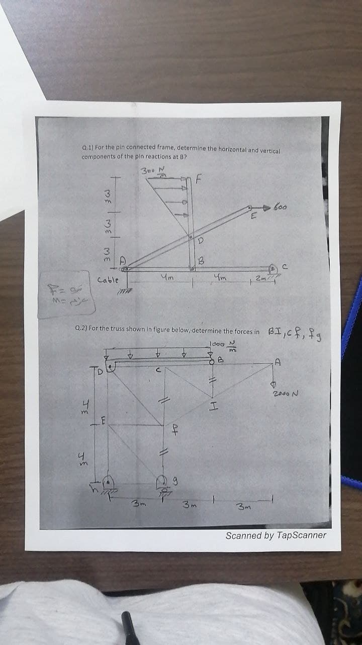 0.1) For the pin connected frame, determine the horizontal and vertical
components of the pin reactions at B?
Cable
Um
Ym
2m7
Q.2) For the truss shown in figure below, determine the forces in BI,c. fa
loog N
4.
2000 N
3m
3m
Scanned by TapScanner
2/E
ME
JE
