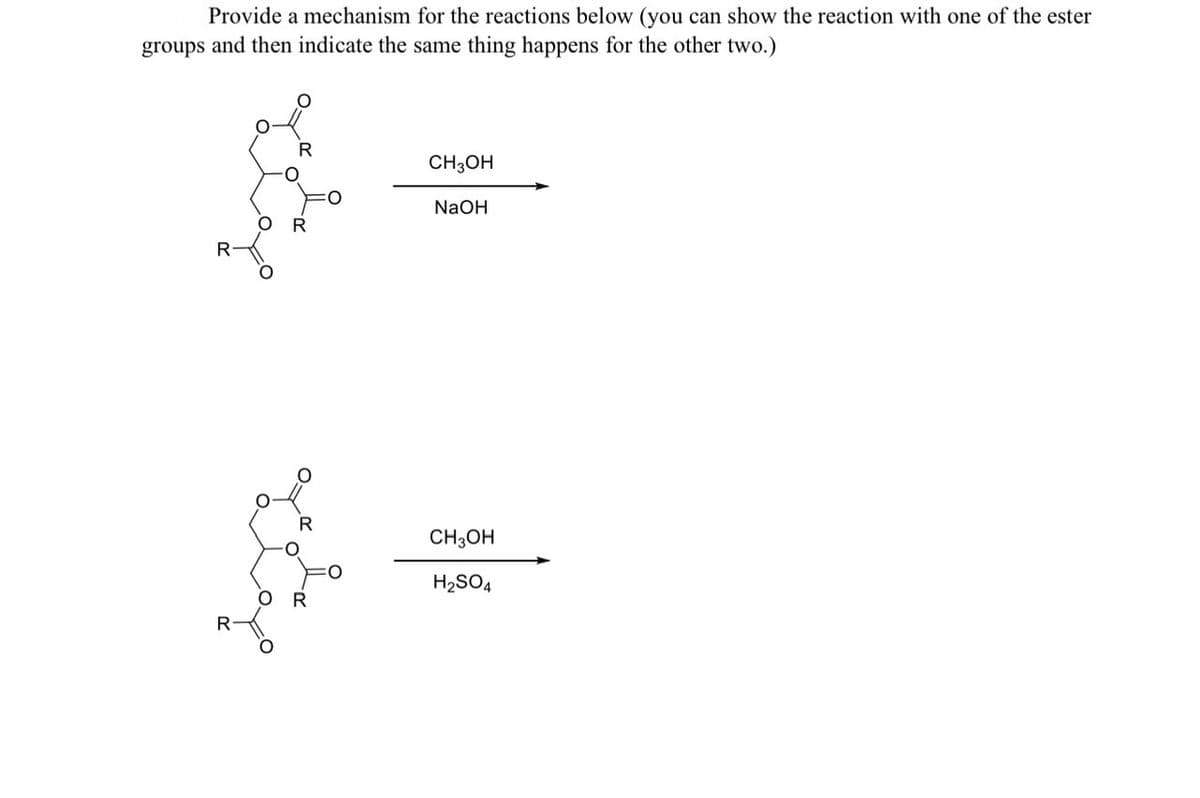 Provide a mechanism for the reactions below (you can show the reaction with one of the ester
groups and then indicate the same thing happens for the other two.)
R
R
O R
OR
CH3OH
NaOH
CH3OH
H₂SO4
