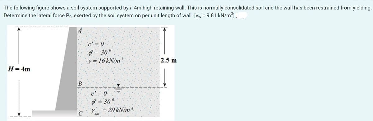 The following figure shows a soil system supported by a 4m high retaining wall. This is normally consolidated soil and the wall has been restrained from yielding.
Determine the lateral force Po, exerted by the soil system on per unit length of wall. [yw = 9.81 kN/m³]
A
H = 4m
B
c' = 0
= 30°
y = 16 kN/m³
c' = 0
$ = 30°
sat
= 20 kN/m ³.
2.5 m
