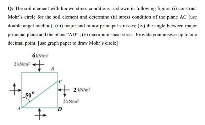 Q: The soil element with known stress conditions is shown in following figure. (i) construct
Mohr's circle for the soil element and determine (ii) stress condition of the plane AC (use
double angel method); (iii) major and minor principal stresses; (iv) the angle between major
principal plane and the plane "AD" ; (v) maximum shear stress. Provide your answer up to one
decimal point. [use graph paper to draw Mohr's circle]
2 kN/m²
6 kN/m²
+
+
B
D
2 kN/m²
2 kN/m²