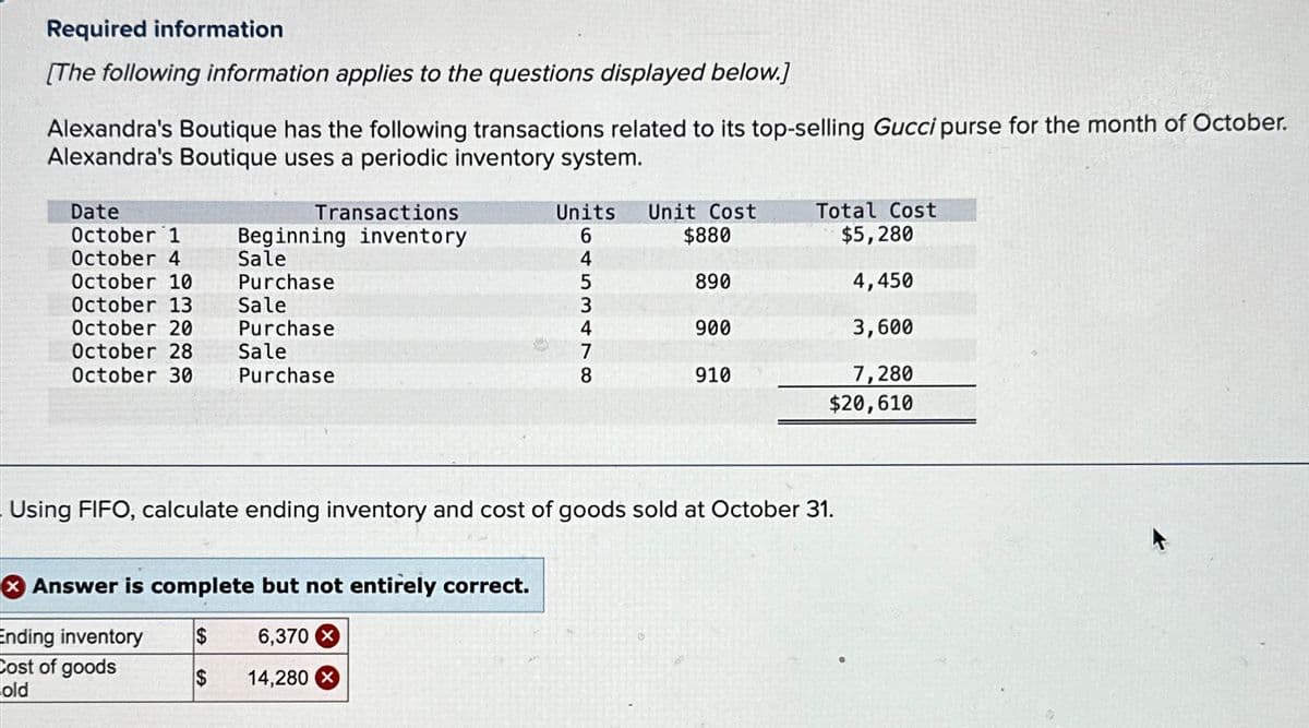 Required information
[The following information applies to the questions displayed below.]
Alexandra's Boutique has the following transactions related to its top-selling Gucci purse for the month of October.
Alexandra's Boutique uses a periodic inventory system.
Date
October 1
Transactions
Beginning inventory
October 4
Sale
October 10
Purchase
October 13
Sale
October 20
Purchase
October 28
October 30
Sale
Purchase
Units
6
Unit Cost
Total Cost
$880
$5,280
453478
890
4,450
900
3,600
910
7,280
$20,610
Using FIFO, calculate ending inventory and cost of goods sold at October 31.
Answer is complete but not entirely correct.
Ending inventory
$
6,370 x
Cost of goods
$
14,280 ×
old