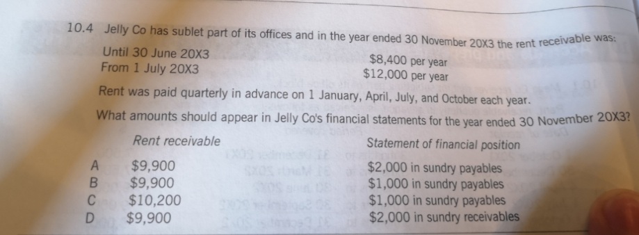 10.4 Jelly Co has sublet part of its offices and in the year ended 30 November 20X3 the rent receivable was:
Until 30 June 20X3
$8,400 per year
$12,000 per year
From 1 July 20X3
Rent was paid quarterly in advance on 1 January, April, July, and October each year.
What amounts should appear in Jelly Co's financial statements for the vear ended 30 November 20X3?
Rent receivable
Statement of financial position
$2,000 in sundry payables
$1,000 in sundry payables
$1,000 in sundry payables
$2,000 in sundry receivables
A $9,900
$9,900
B
$10,200
$9,900
C
