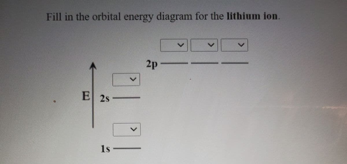 Fill in the orbital energy diagram for the lithium ion.
2p
E 2s
1s
