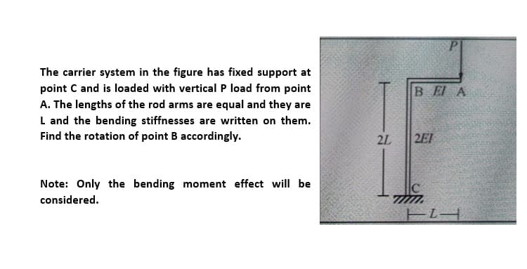 The carrier system in the figure has fixed support at
point C and is loaded with vertical P load from point
B EI A
A. The lengths of the rod arms are equal and they are
L and the bending stiffnesses are written on them.
Find the rotation of point B accordingly.
2L
2EI
Note: Only the bending moment effect will be
considered.
