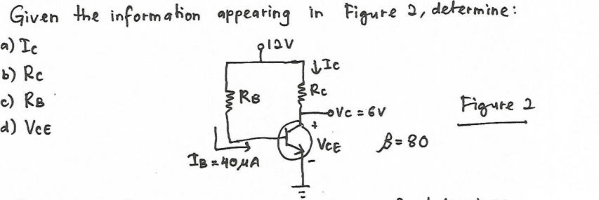 Given the information appearing in Figure 2, determine:
glav
a) Ie
b) Rc
Rc
e) RB
RB
Figure 2
ovc = 6V
d) Vee
VCE
B= 80
IB =40HA
