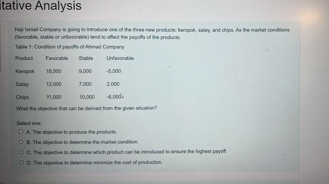 itative Analysis
Haji Ismail Company is going to introduce one of the three new products: keropok, satay, and chips. As the market conditions
(favorable, stable or unfavorable) tend to affect the payoffs of the products.
Table 1: Condition of payoffs of Ahmad Company
Product
Favorable Stable
Keropok
Satay
18,000
12,000
9,000
11,000
7,000
Unfavorable
10,000
-5,000
Chips
-6,000
What the objective that can be derived from the given situation?
2,000
Select one:
O A. The objective to produce the products.
OB. The objective to determine the market condition.
O C. The objective to determine which product can be introduced to ensure the highest payoff.
O D. The objective to determine minimize the cost of production.