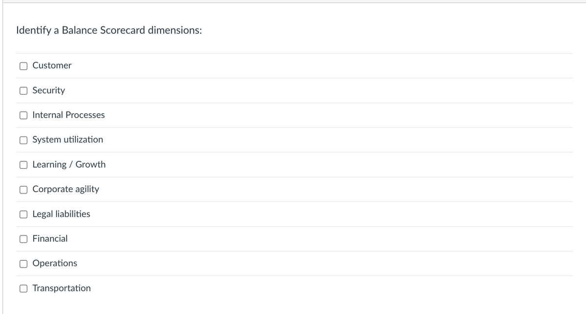 Identify a Balance Scorecard dimensions:
Customer
Security
Internal Processes
O System utilization
Learning / Growth
Corporate agility
Legal liabilities
Financial
Operations
Transportation