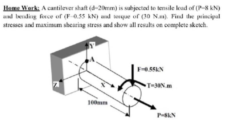 Home Work: A cantilever shaft (d-20mm) is subjected to tensile load of (P-8 kN)
and bending force of (F-0.55 kN) and torque of (30 N.m). Find the principal
stresses and maximum shearing stress and show all results on complete sketch.
F=0.55kN
100mm
T=30N.m
P=8kN