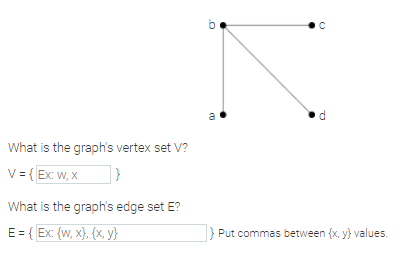 b
a
d
What is the graph's vertex set V?
V= { Ex: W, x
What is the graph's edge set E?
E = {Ex: {w, x}, {x, y}
Put commas between {x, y} values.
